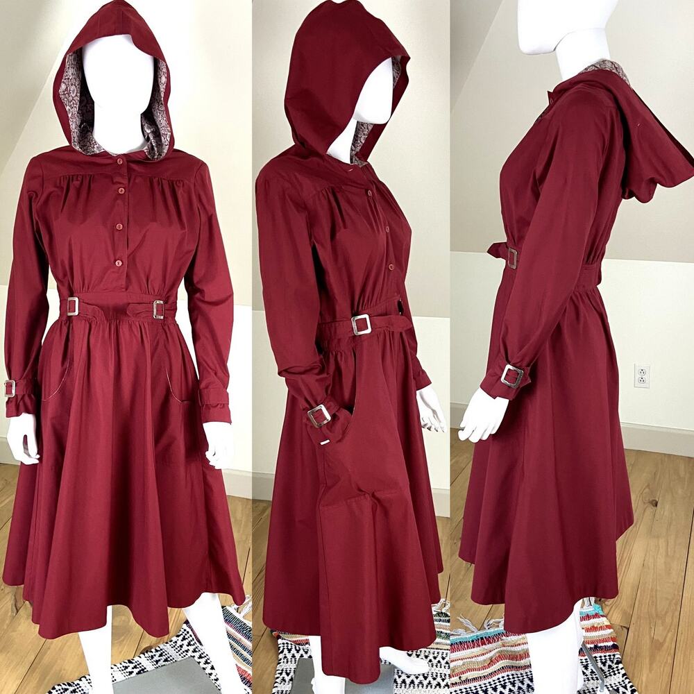 Vintage 70s NR1 N.R.1 Ned Gould Hooded Burgundy Trench Coat Dress Midi M Medium